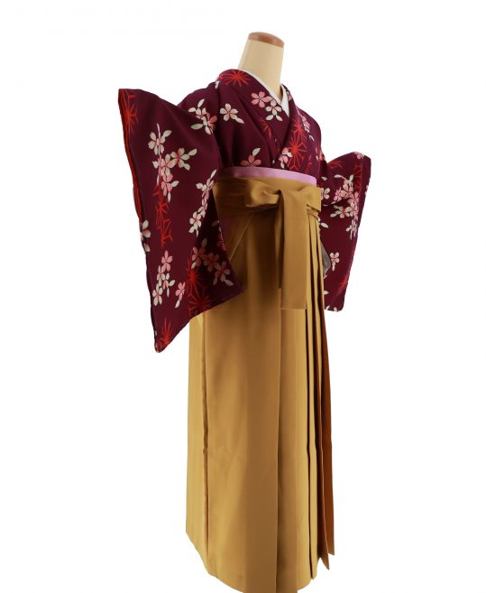 卒業式袴レンタルNo.105[レトロモダン]濃紫・赤の麻の葉・ピンク桜